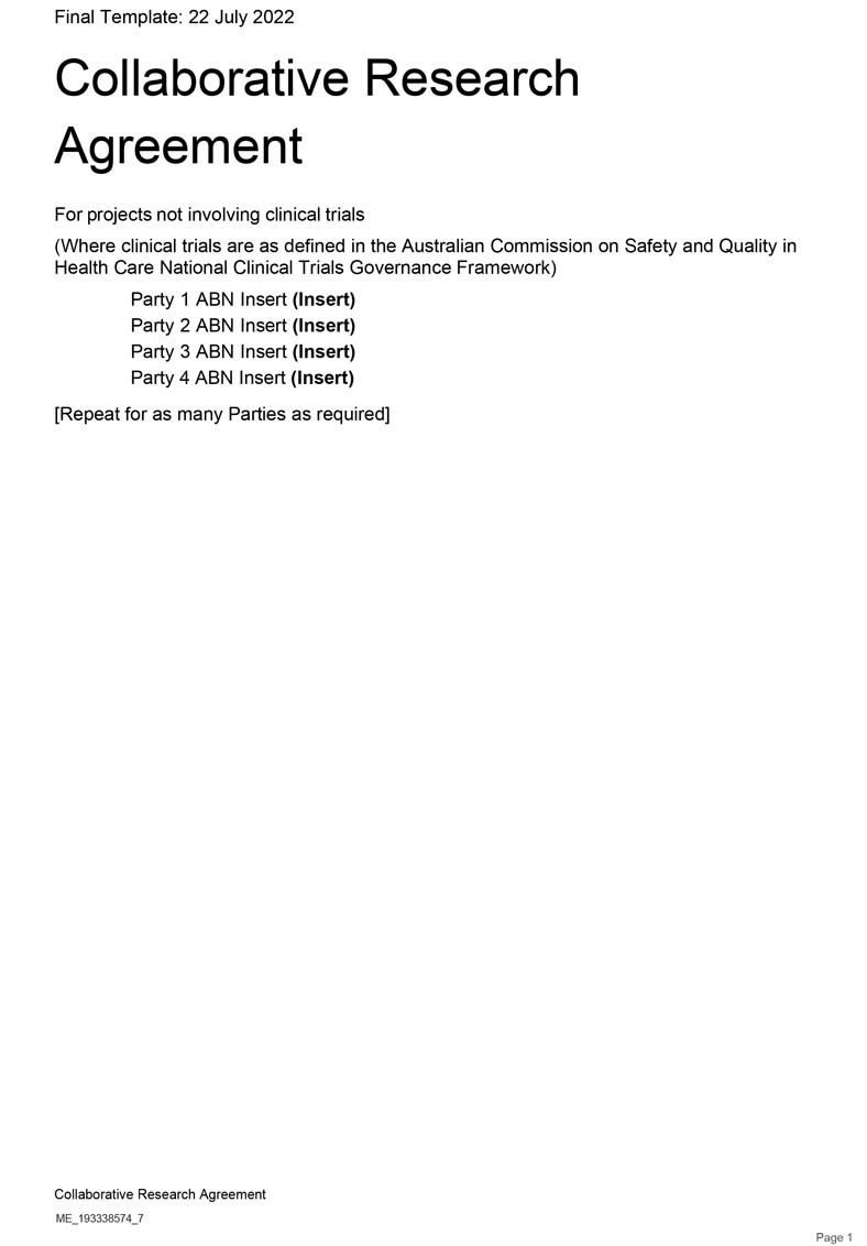 Collaborative research agreement template – for projects not involving clinical trials