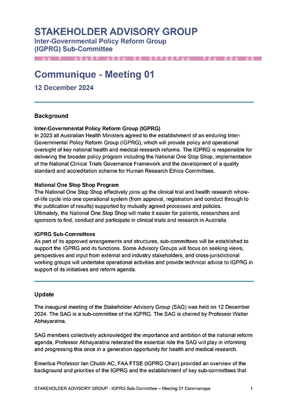Stakeholder Advisory Group Meeting 01 – Communique