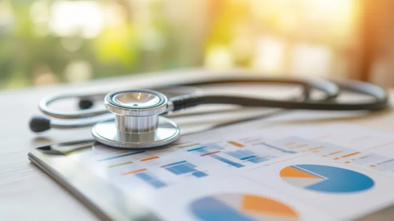 Close up of a stethoscope and book with charts on a table