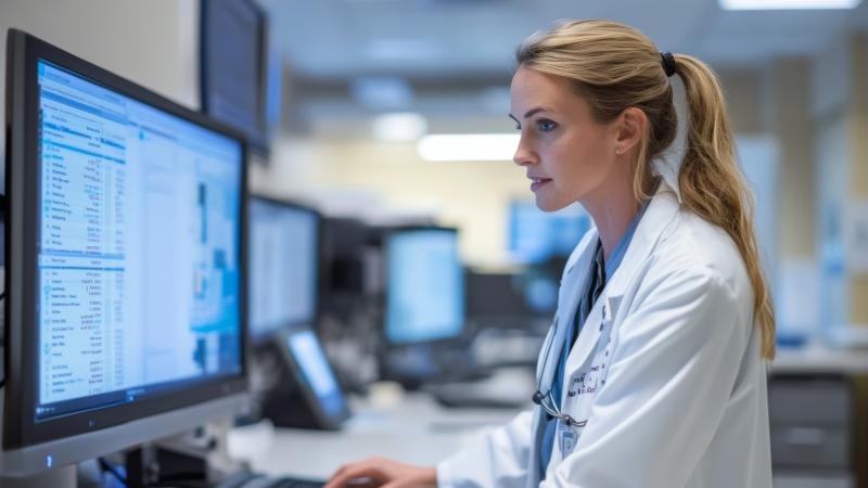 Female doctor looking at data on a computer screen