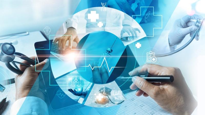 Compilation of medical related items such as computers and doctors equipment in a digital, circular design