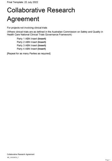 Collaborative research agreement template – for projects not involving clinical trials