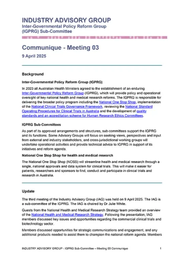 Industry Advisory Group Meeting 03 – Communique